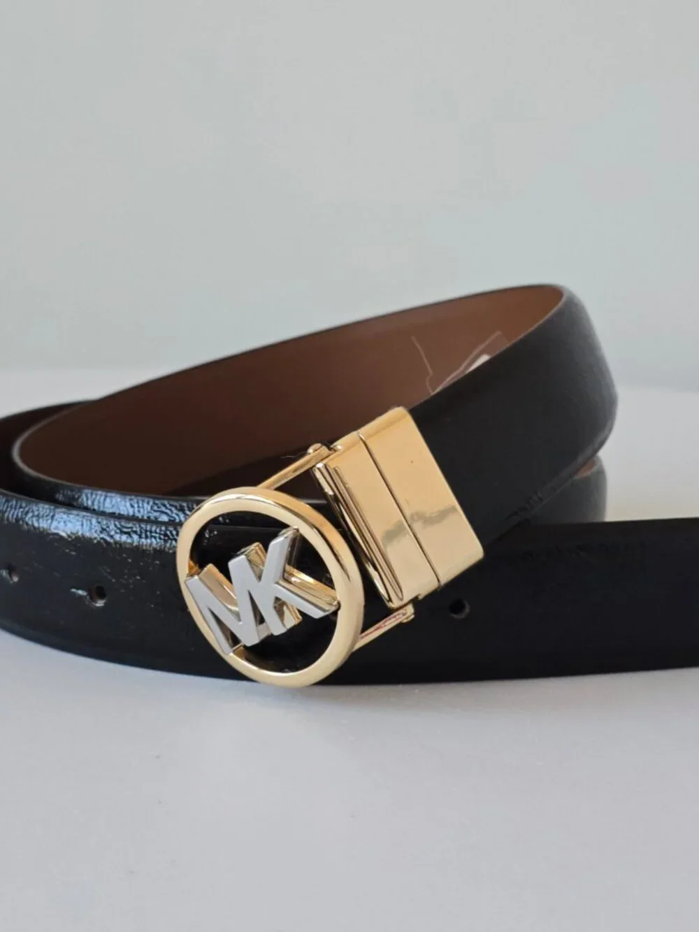 Michael Kors Reversible Belt L Black Brown Gold Buckle NEW